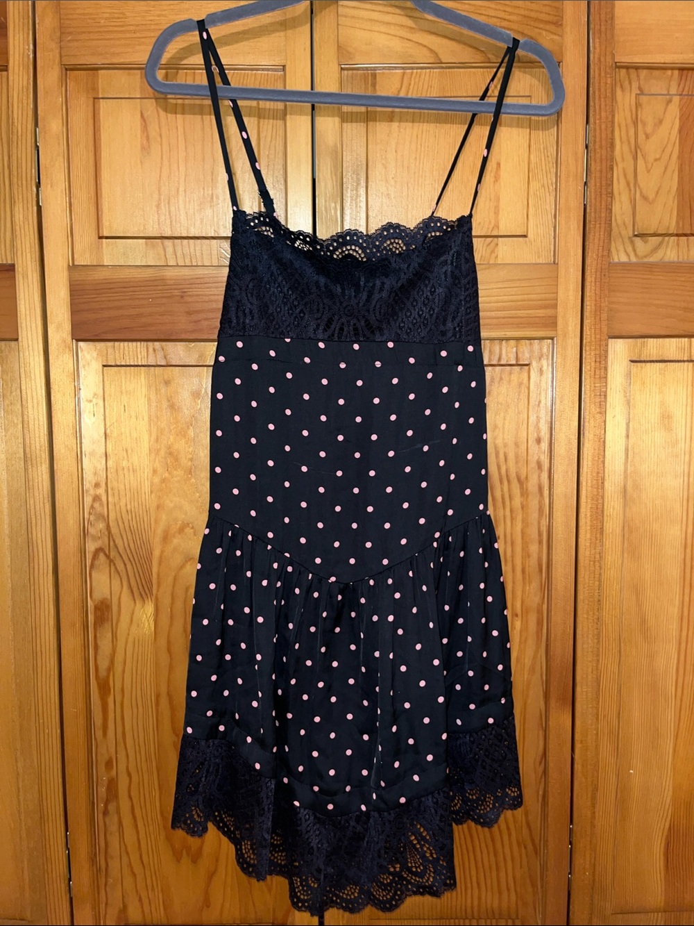 Free People Black Lace Slip Dress with Pink Polka Dots